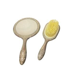 Vintage Silver Plated Hand Mirror + Brush Vanity Dresser Decor 2 Piece Set